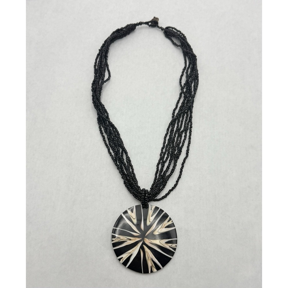Vintage‎ Horn Pendant Necklace Multi Strand Black Seed Beads Tribal Boho